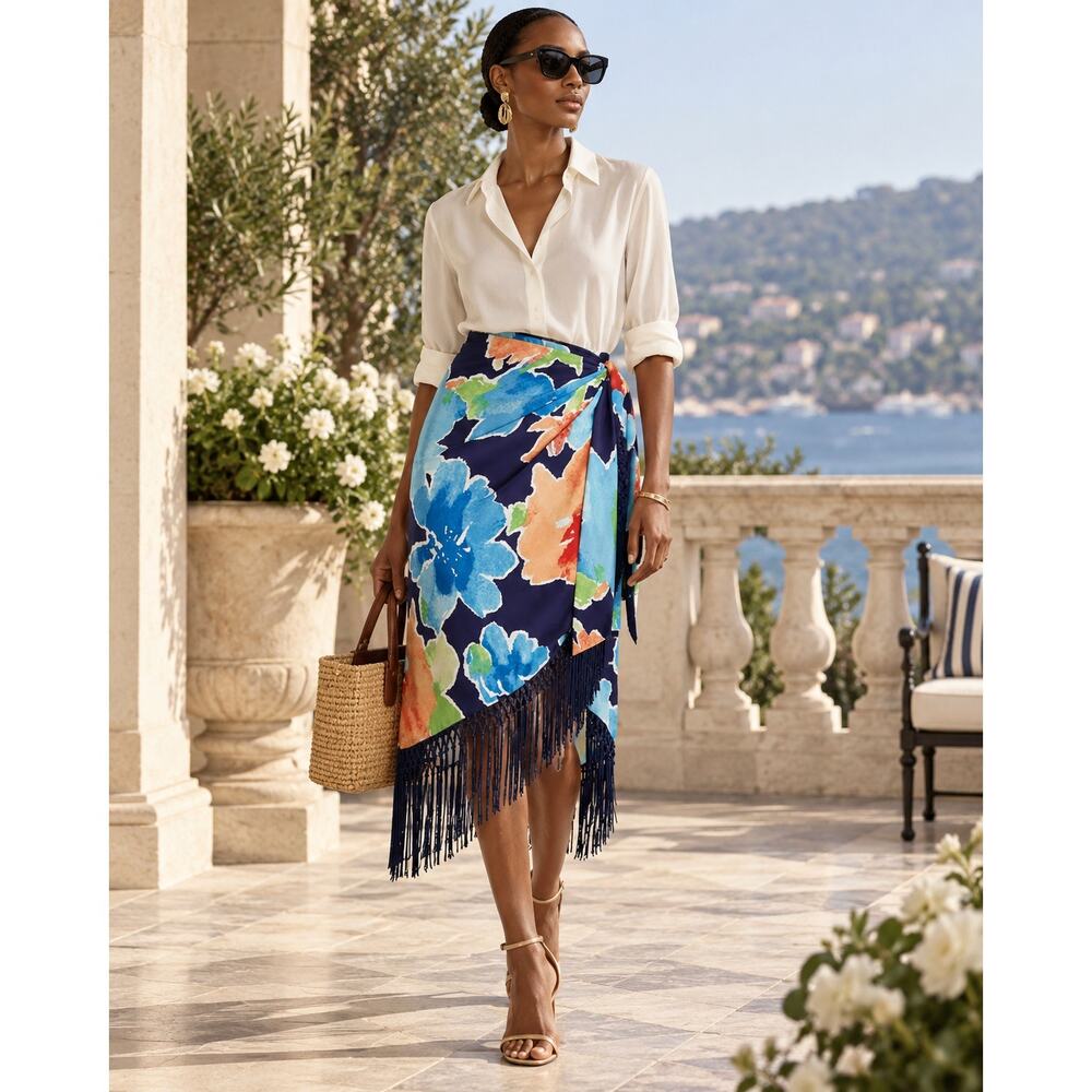 Lauren Ralph Lauren Floral Fringe Faux-Wrap Skirt Plus 14W or 18W NWT